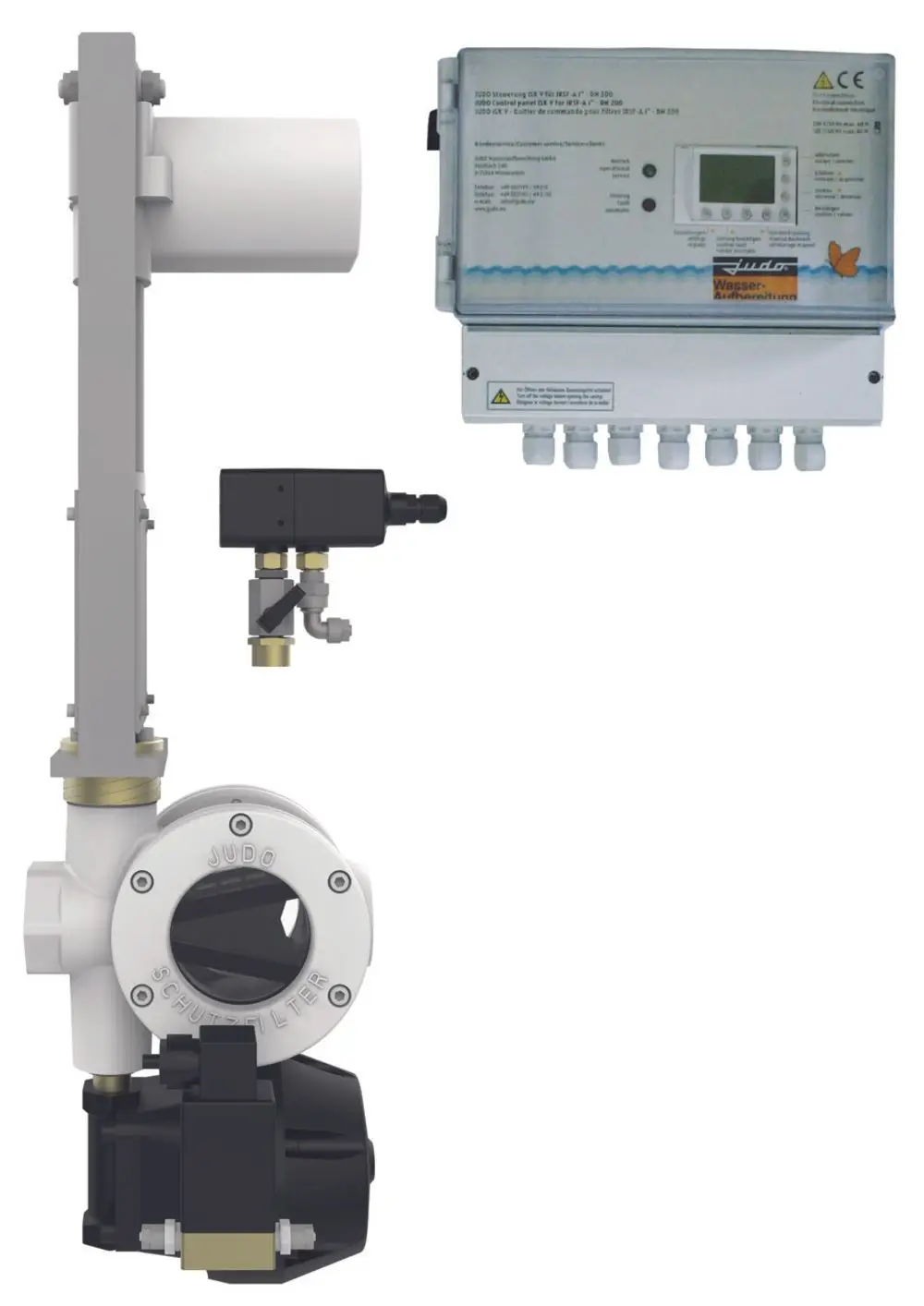 JUDO Automatik-Rückspül-Schutzfilter mit Steuerungseinheit und Ventil, montiert an einer Rohrleitung, zur Wasserfilterung und Rückspülung.